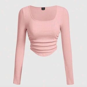 Shein Scoop Neck Ruched Hem Ribbed Long Sleeve Pink Cropped Top Size XS